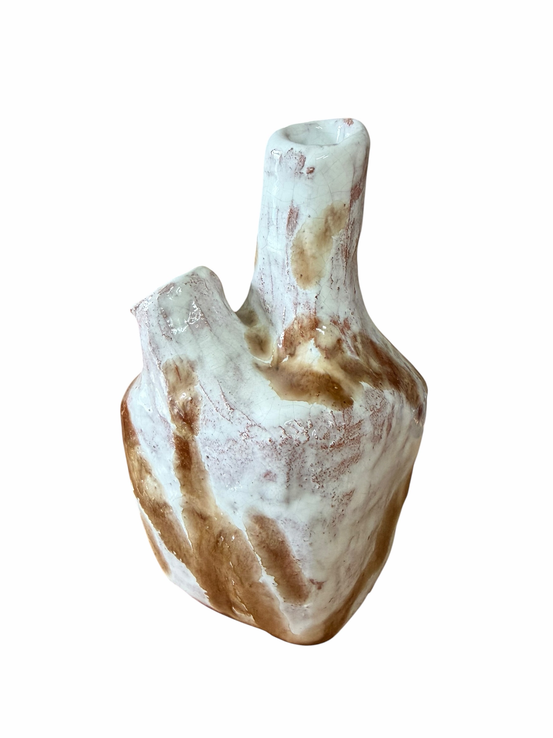 Vază ceramică vintage sculpturală în stil organic – glazură marmurată crem și brun - imagine 2