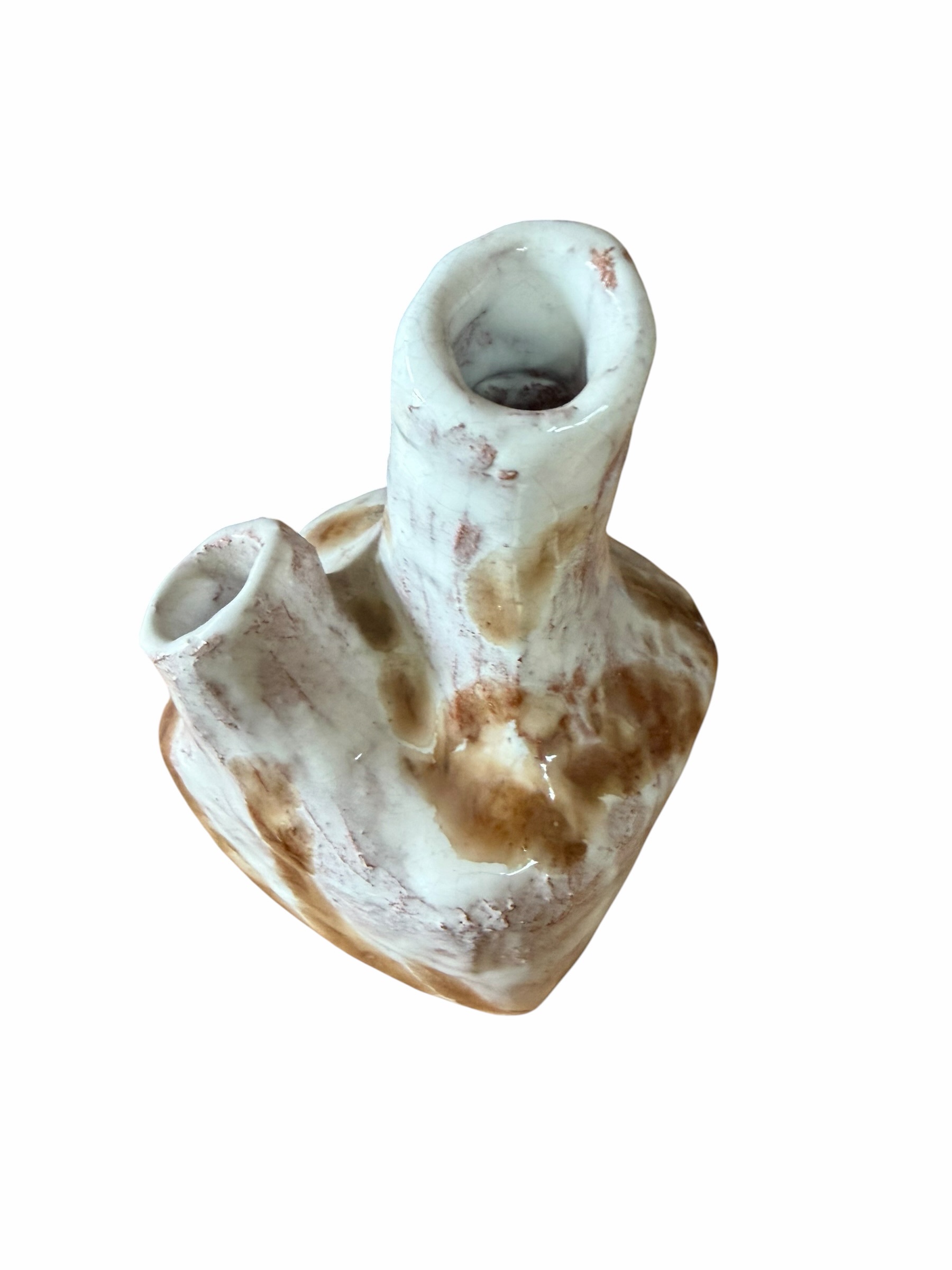 Vază ceramică vintage sculpturală în stil organic – glazură marmurată crem și brun