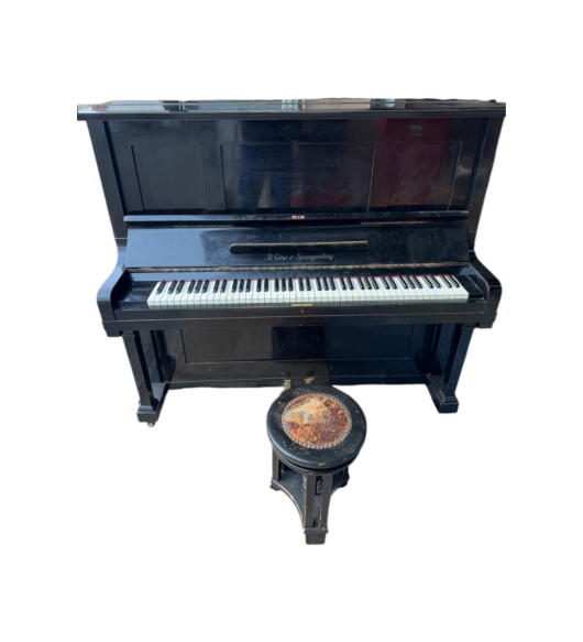 Pianină verticală clasică din lemn lăcuit negru lucios cu taburet vintage