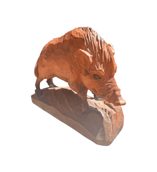 Sculptură Rustică din Lemn Masiv Mistreț pe Soclu - Sculptat Manual