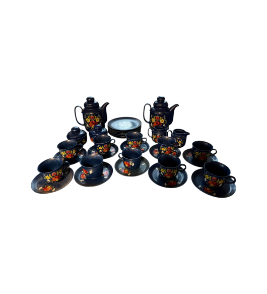 Serviciu Vintage din Ceramică Smălțuită pentru Ceai și Cafea - Albastru Bleumarin cu Motive Florale Tradiționale