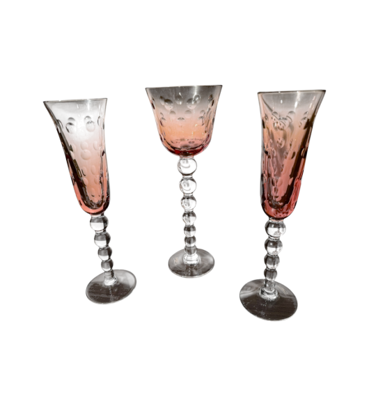 Set 3 Pahare Vintage din Sticlă Roz Degradé cu Picior Sculptat
