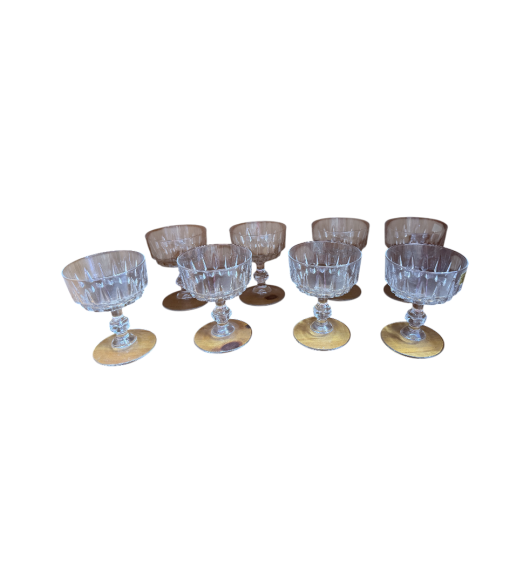 Set de 6 Pahare Vintage din Cristal pentru Sampanie sau Desert cu Suporturi din Lemn Fin