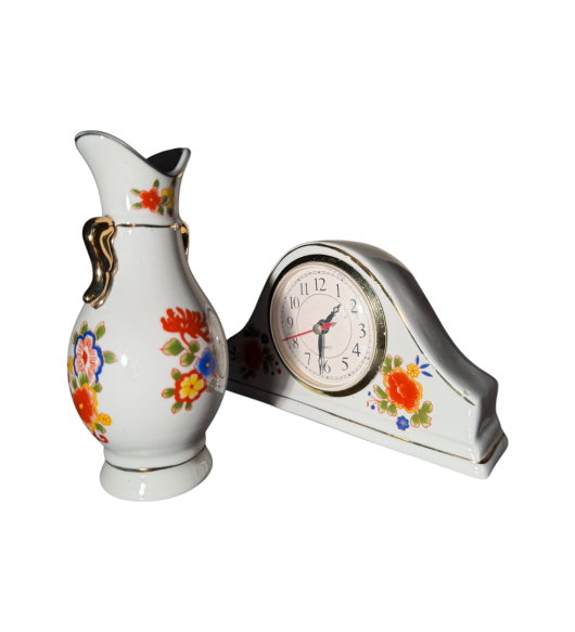 Set Decorativ Vintage cu Mini-Vază Carafă și Ceas de Masă din Porțelan și Ceramică