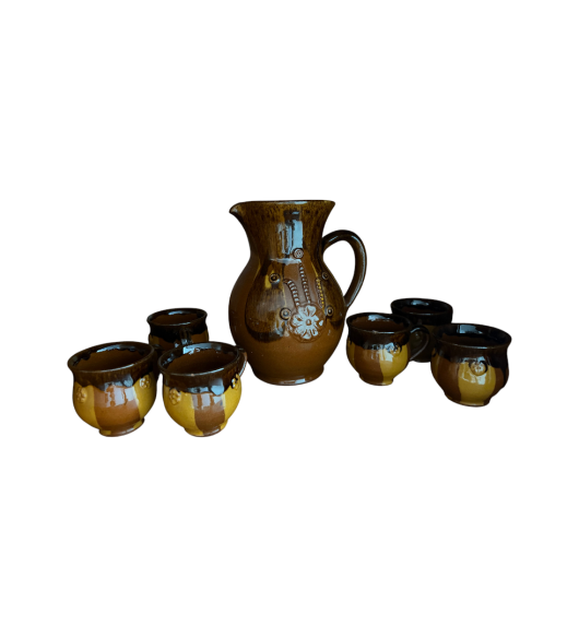 Set de servire din ceramică smălțuită tradițională - Carafă și căni din lut