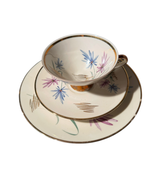 Set Trio Ceai și Cafea din Porțelan Vintage Mid-Century Modern cu Detalii Aurite