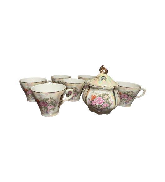 Set Vintage din Porțelan Sidefat cu Detalii Aurii, 6 Cești și Zaharniță