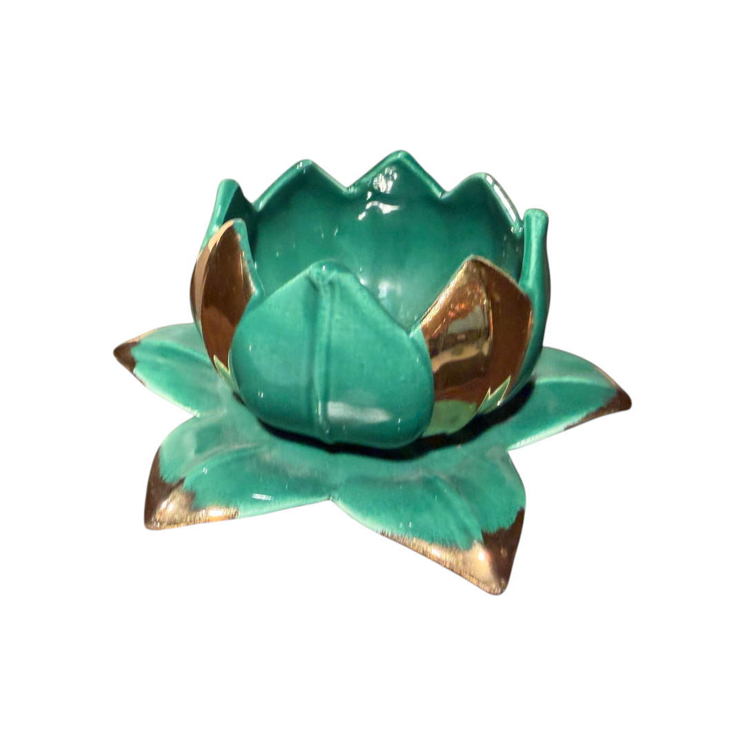 Suport Lumânare din Ceramică Glazurată Tip Lotus Verde Turcoaz și Auriu