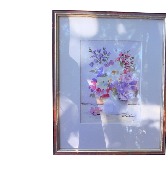 Tablou floral clasic înrămat, pictură artistică cu ramă lemn și sticlă