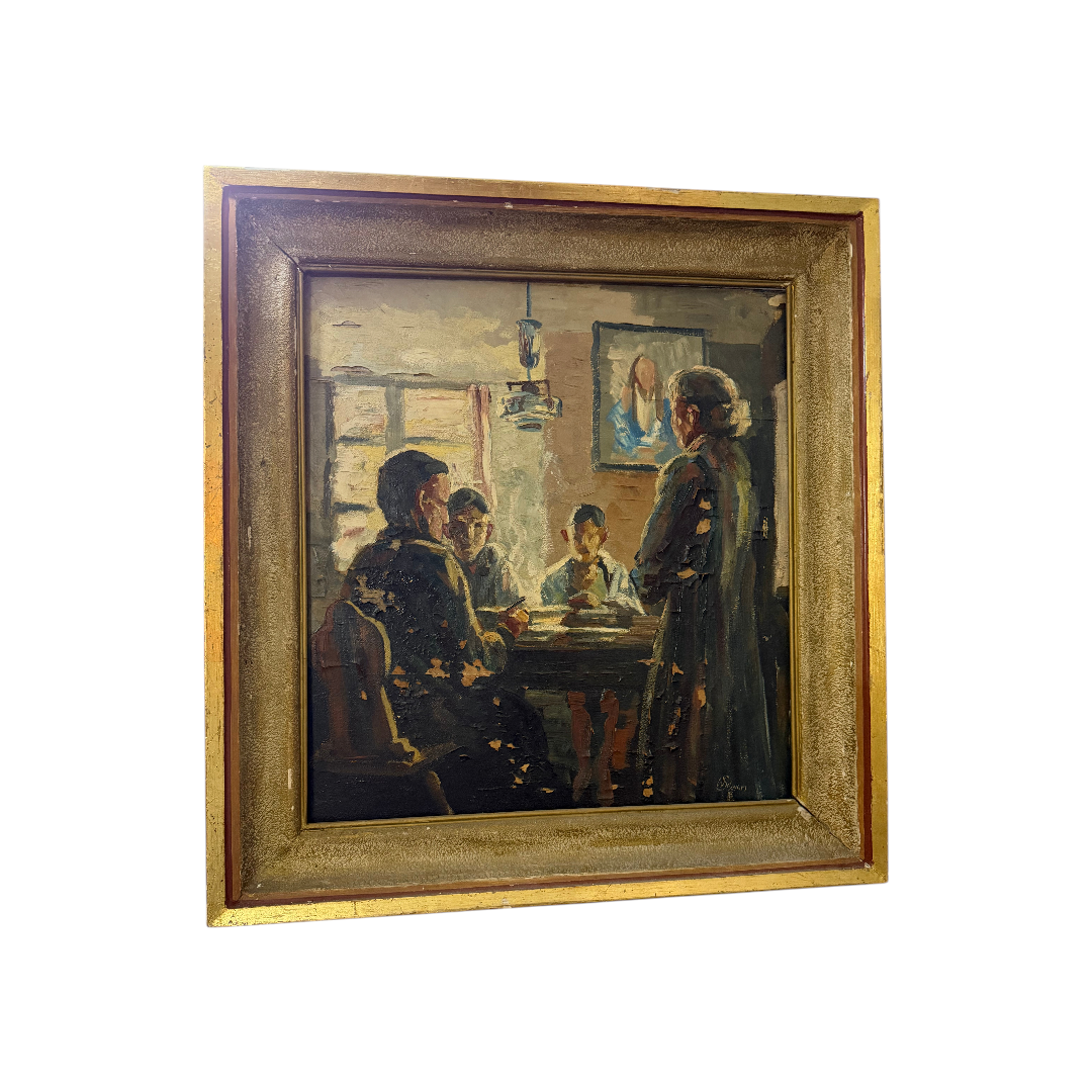 Tablou Vintage Clasic, Pictură în Ulei cu Ramă Aurie Ornamentată din Lemn