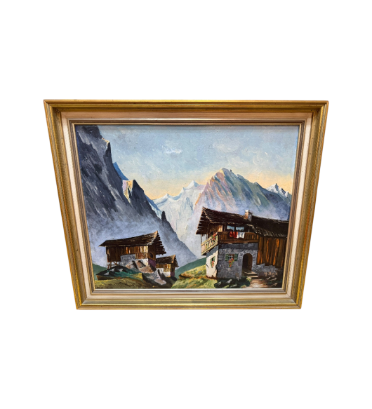 Tablou Vintage Înramat - Peisaj Montan Rustic, Pictură în Ulei