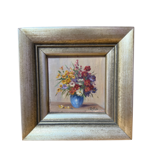 Tablou Vintage Natură Statică, Pictură în Ulei pe Pânză cu Ramă din Lemn Auriu Patinat, 40x40 cm